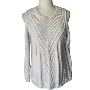 Vince Camuto White Chunky Cable Knit Cold Shoulder Pullover Sweater SZ PM